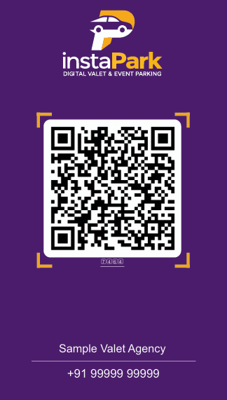 InstaPark digital guest pass showing a scannable QR code, agency branding and contact number